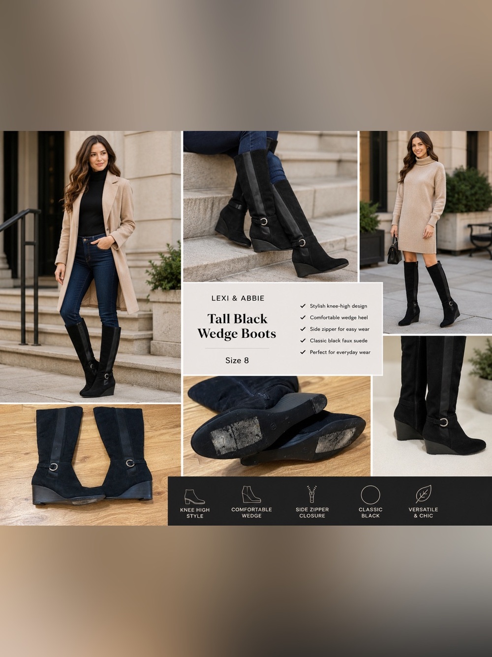 🖤 Lexi & Abbie Tall Black Wedge Boots Size 8 Knee High Faux Suede